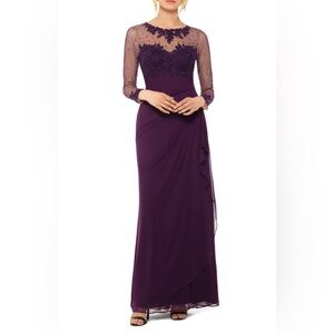 XSCAPE Elegant Dark Purple Maxi Long Sleeve Sheer Illusion Neckline Evening Gown